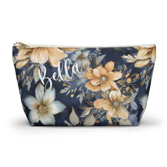 navy blue and gold floral personalized makeup bag