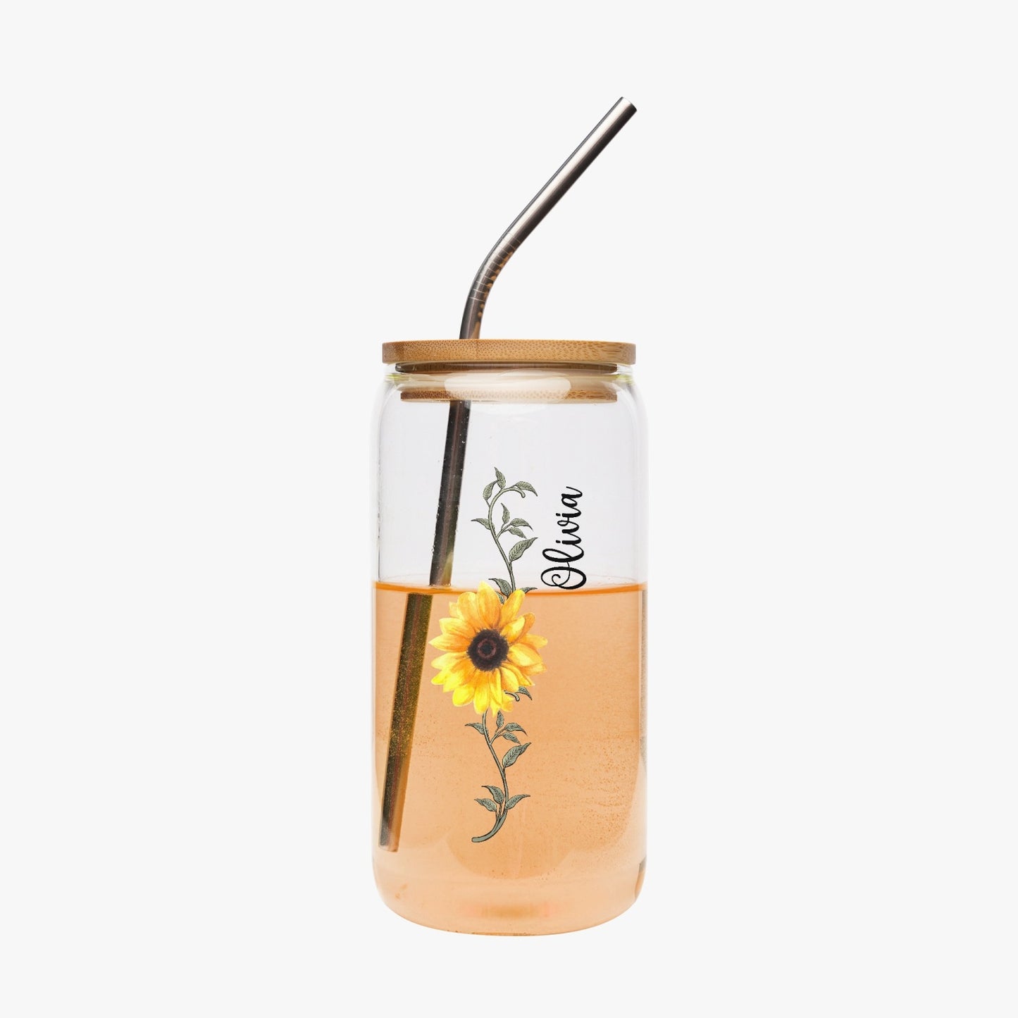 Sunflower Cup / Personalized Glass With Bamboo Lid And Straw