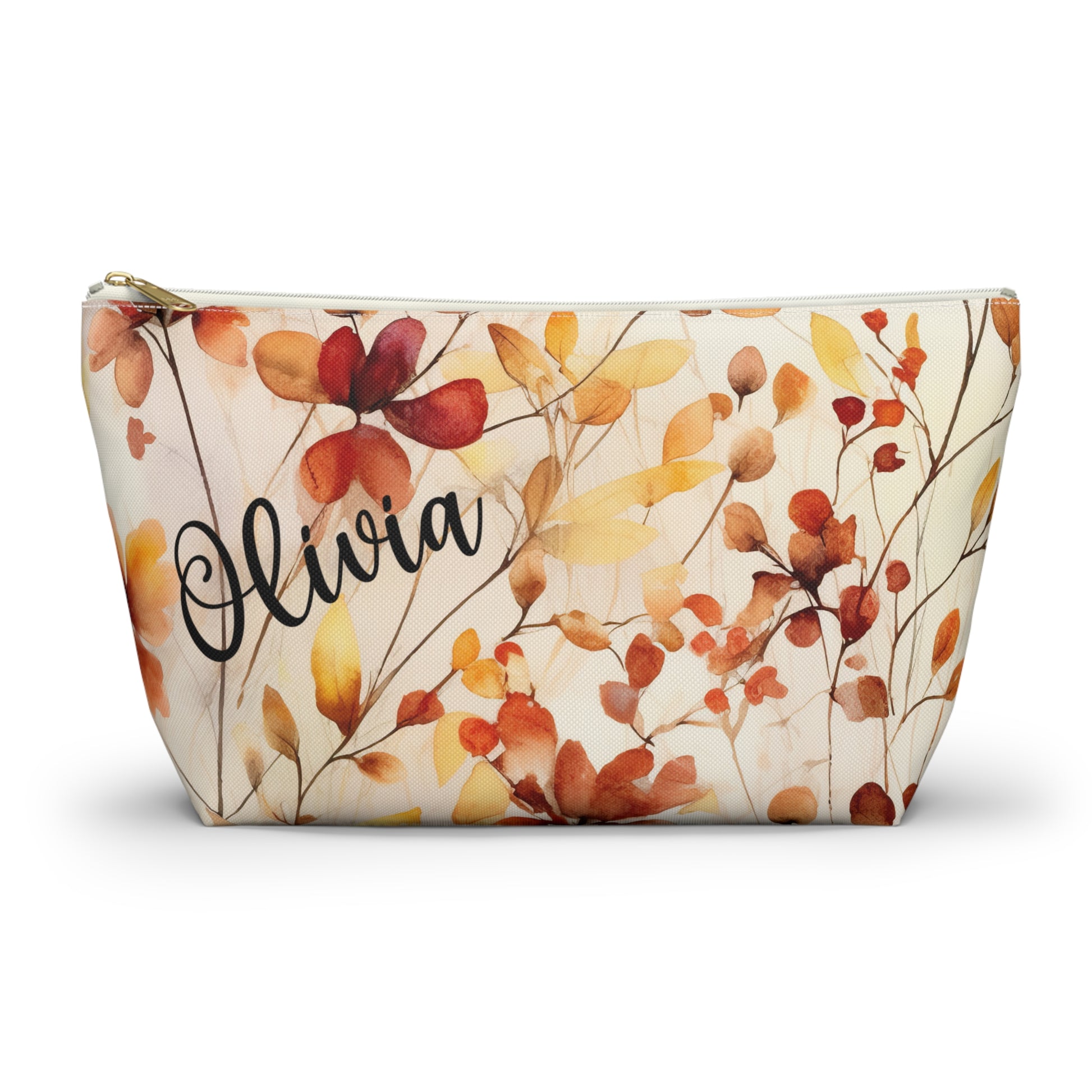 personalized fall floral makeup bag with red, orange and yellow flower print
