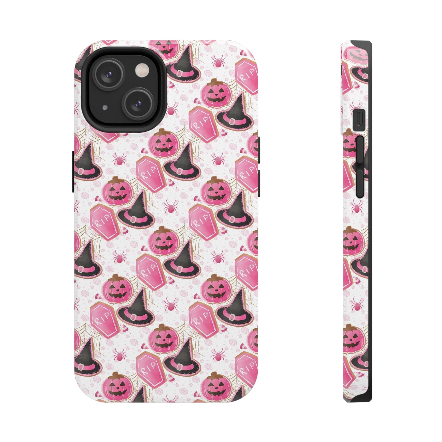 pink halloween iphone case with witch hat,  pink pumpkins and spider  print