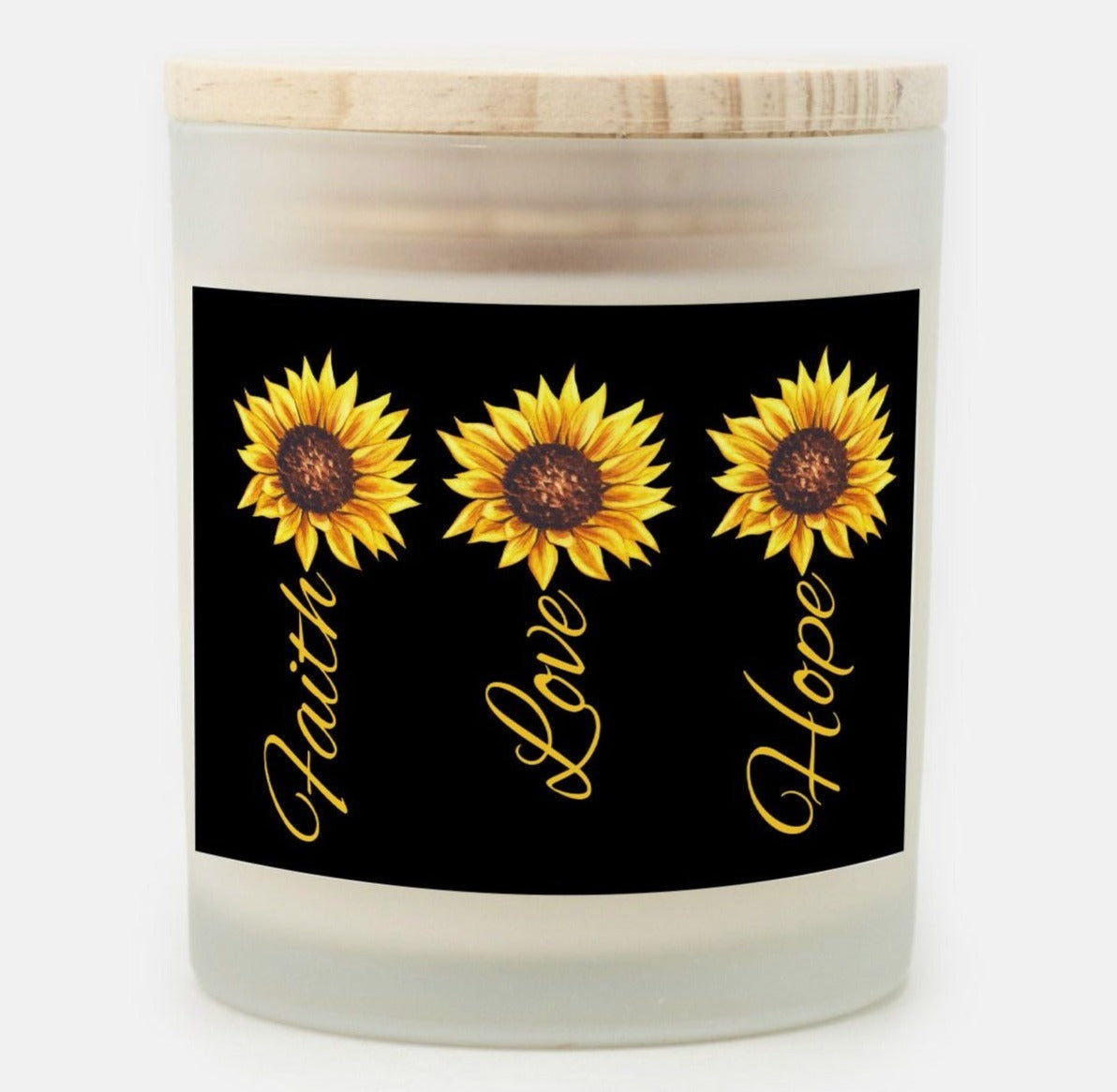 sunflower candle with faith, love and hope saying