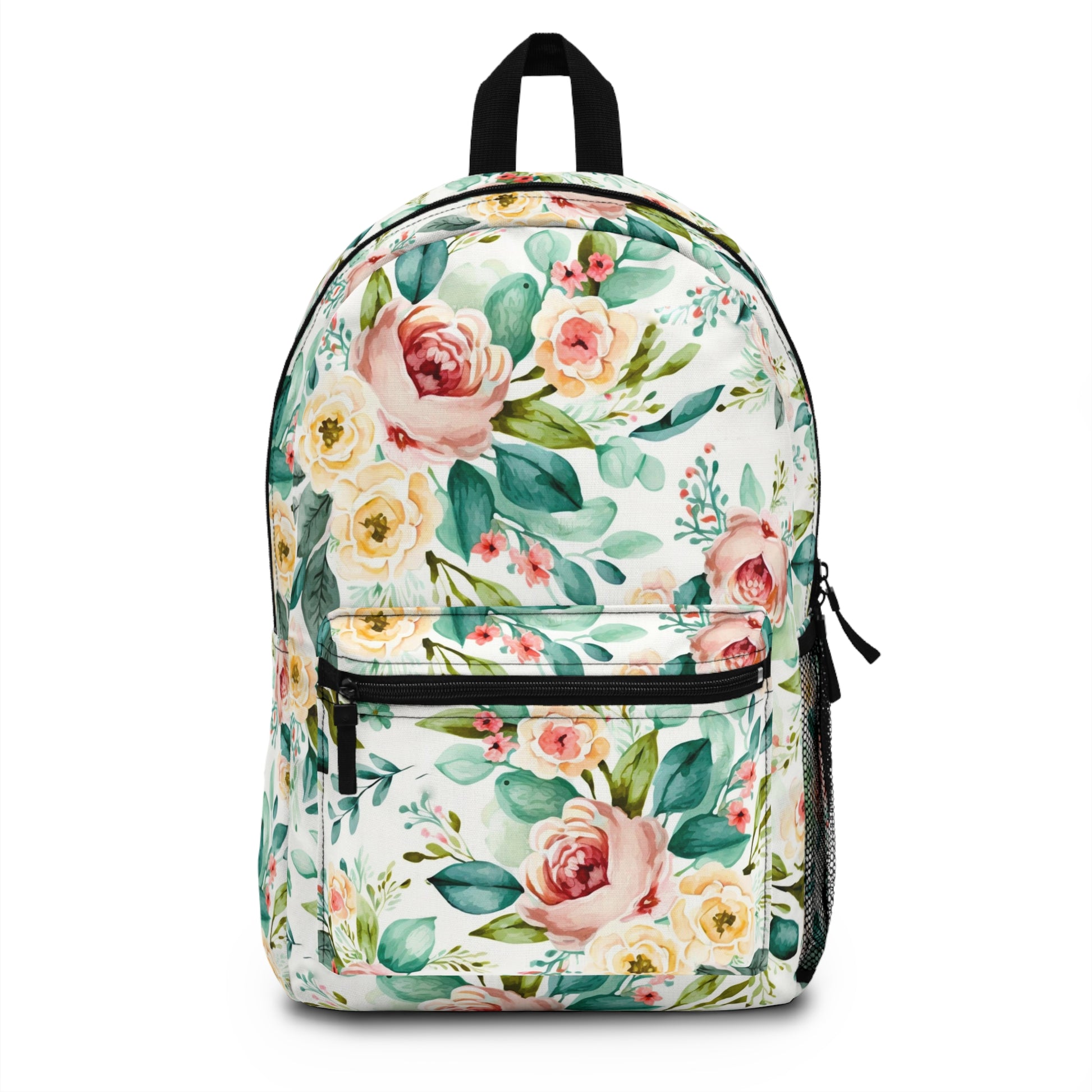 girls floral backpack with pink, orange and green floral print for back to school or carry on bag
