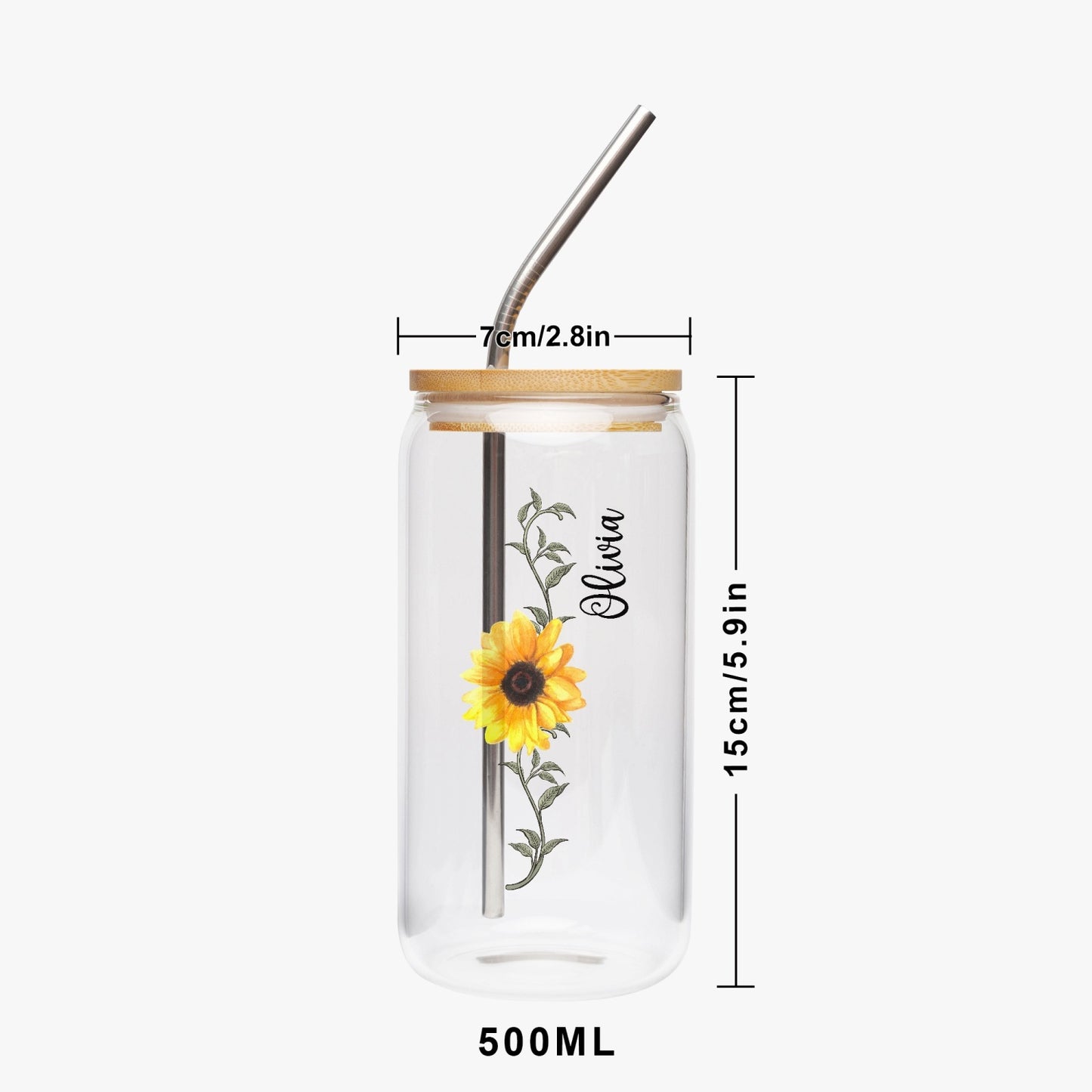 Sunflower Cup / Personalized Glass With Bamboo Lid And Straw