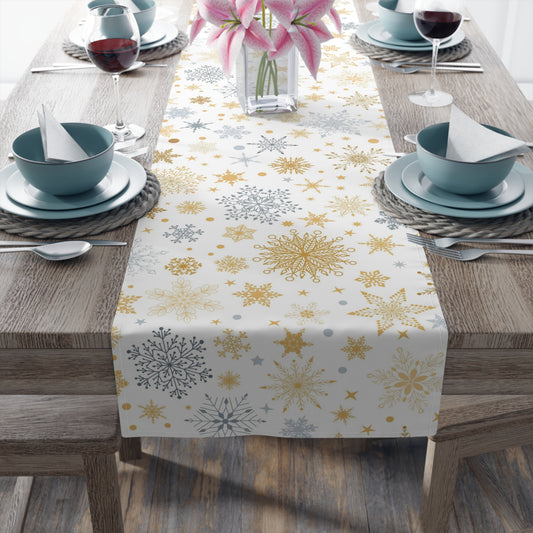 silver and gold snowflake winter table runner