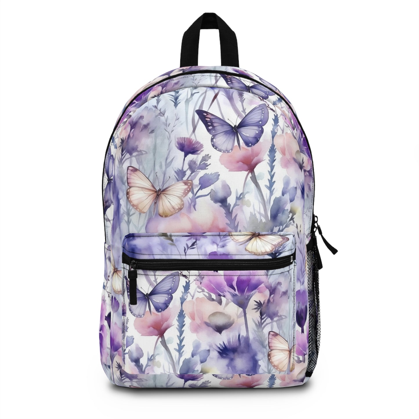 butterfly and flower backpack in blue, pink and yellow print