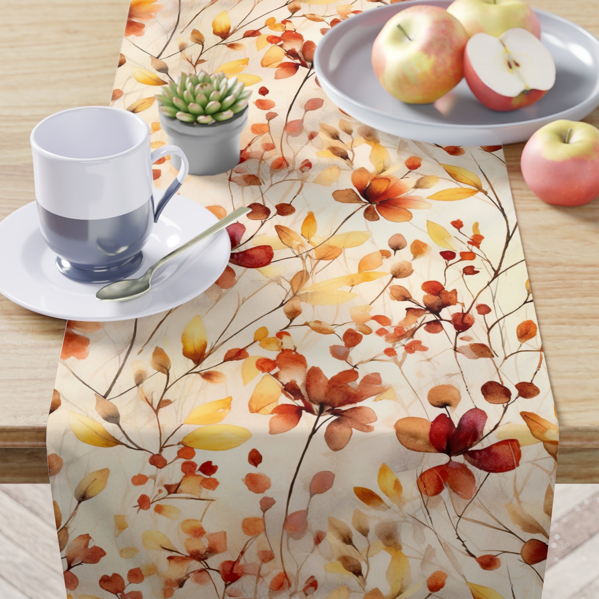 fall table runner with red, orange and yellow flower print