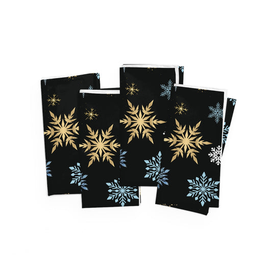 black cloth napkins with gold and blue snowflake print for christmas dinner in a set of 4