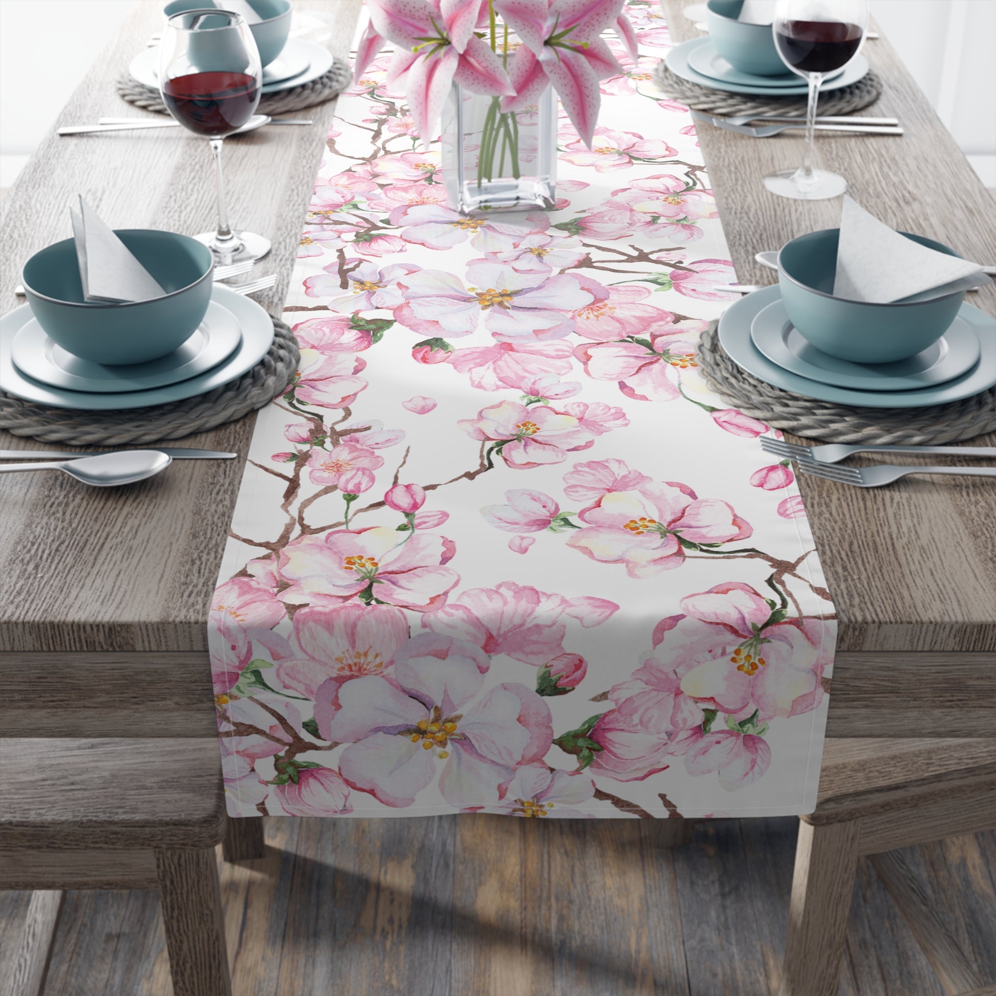 pink and white cherry blossom table runner