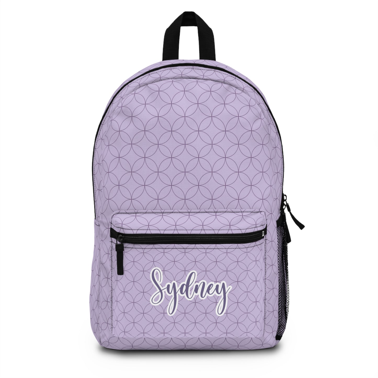 personalized girls backpack with purple geometric circle print with name