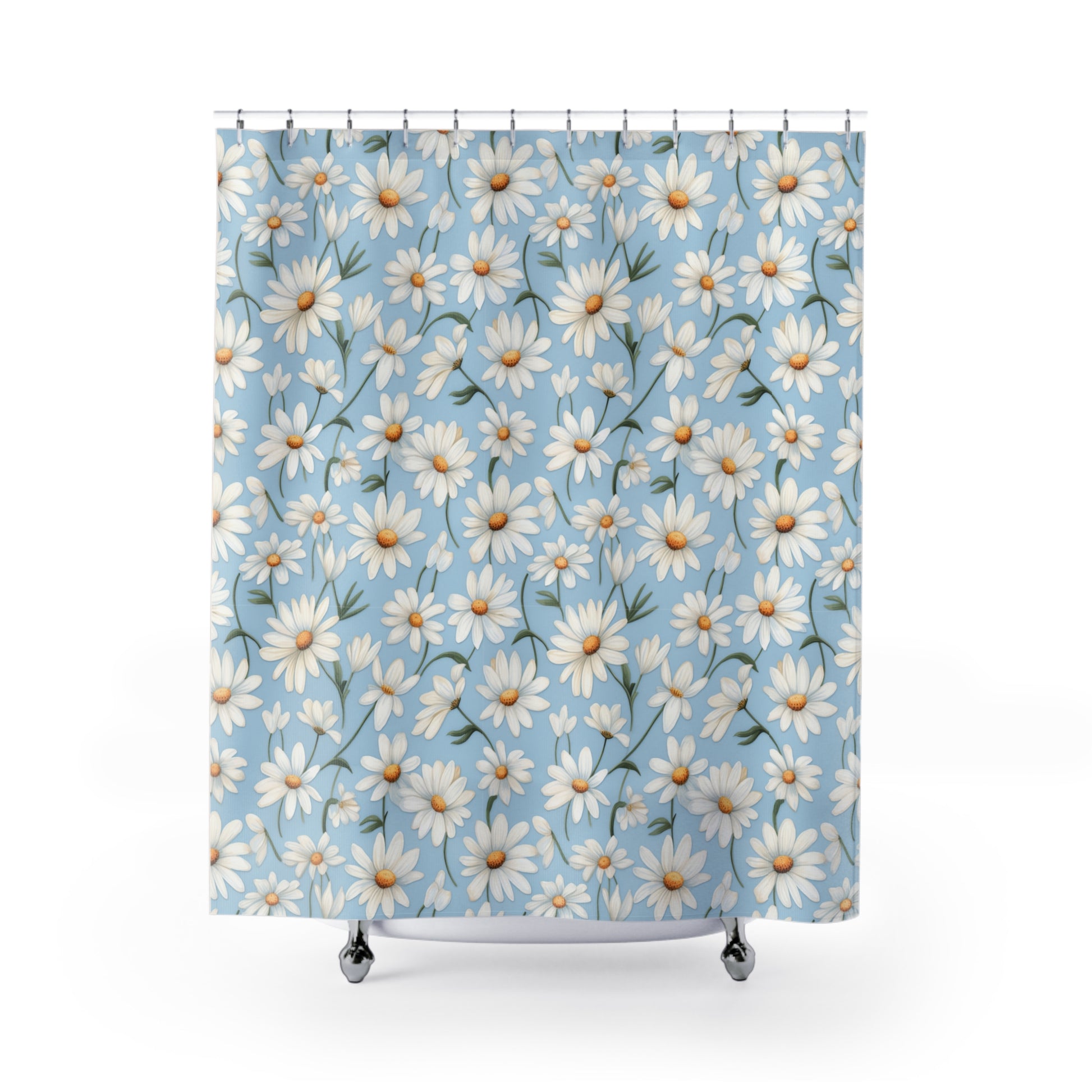 Blue shower curtain with white daisy print 