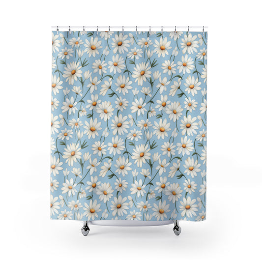 Blue shower curtain with white daisy print 
