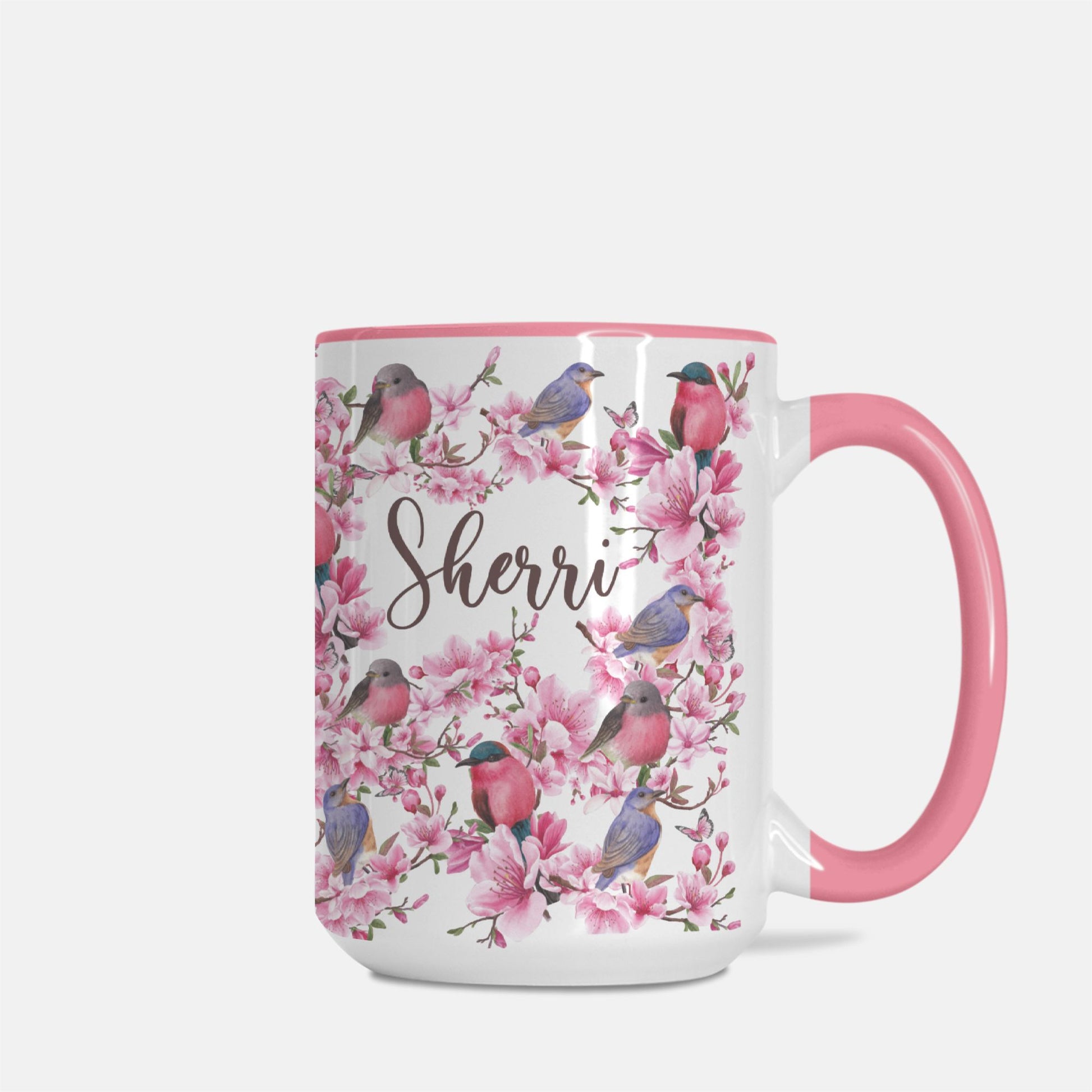 personalized cherry blossom and bird mug with name