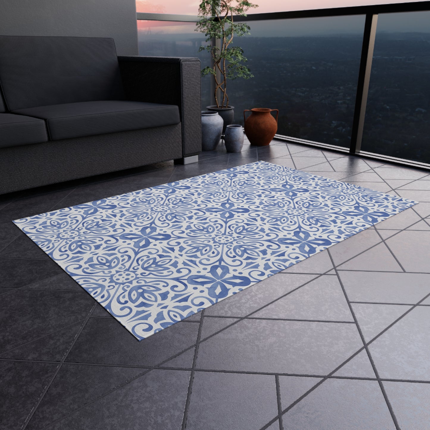 Blue Tile Print Indoor Outdoor Rug