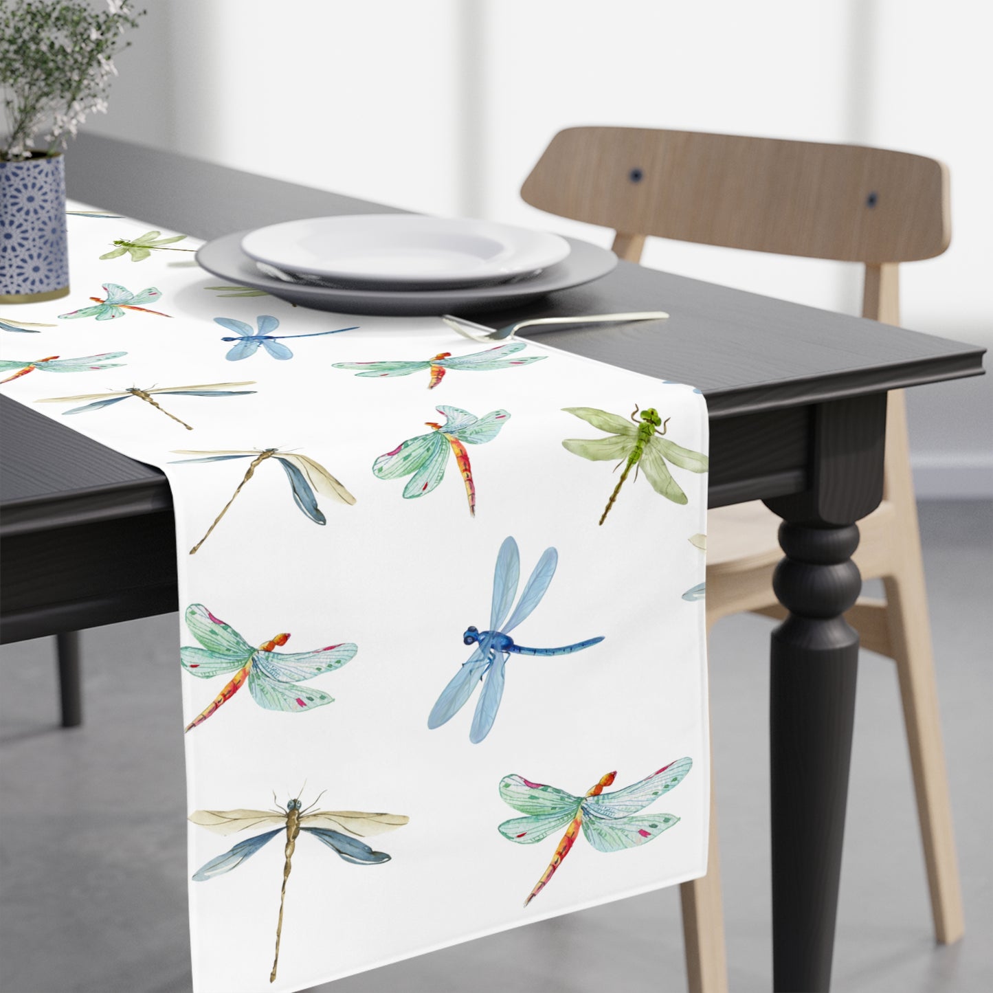 blue and green dragonfly table runner