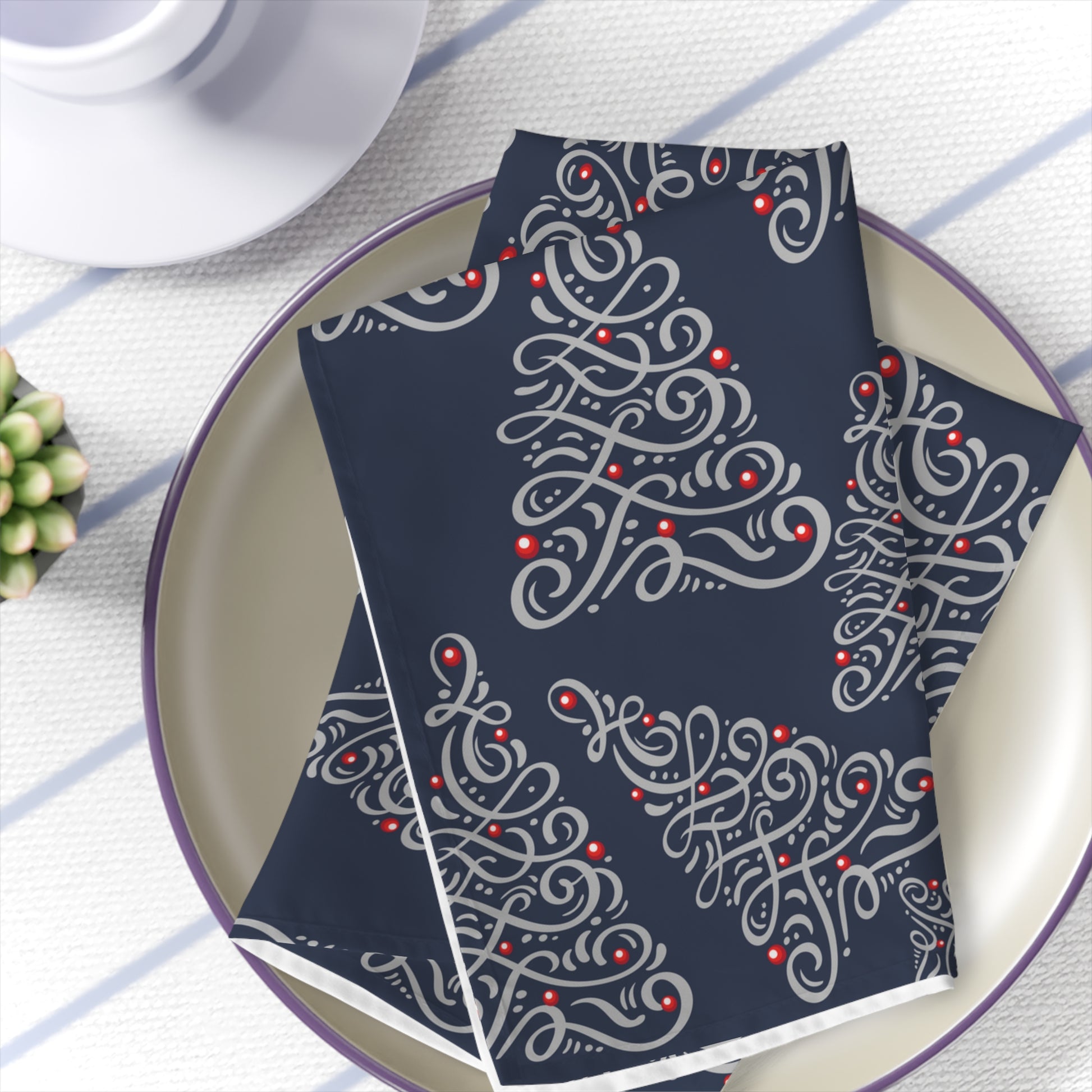 navy blue christmas napkins with silver tree print in a set of 4