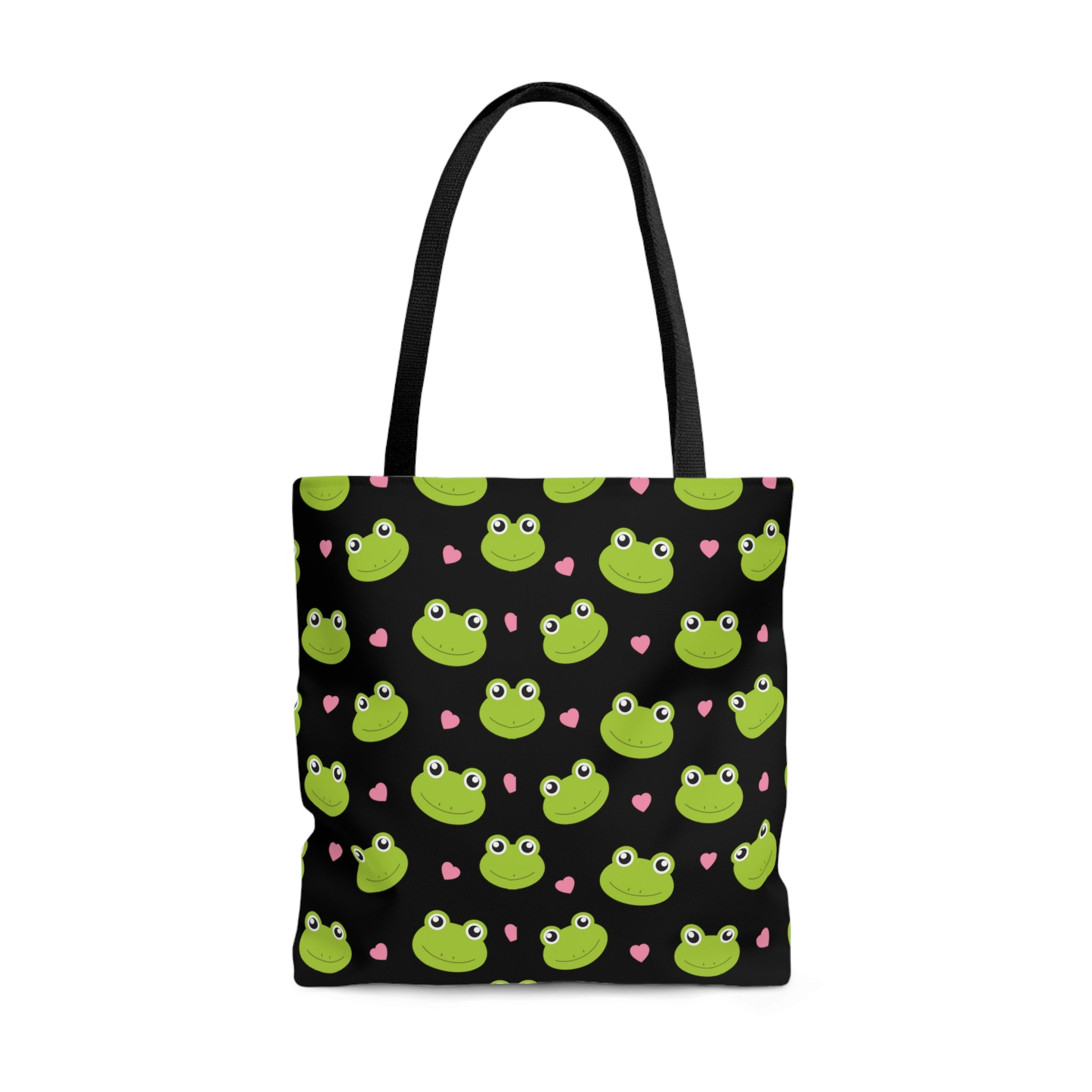 green frog tote bag with frog print and pink hearts