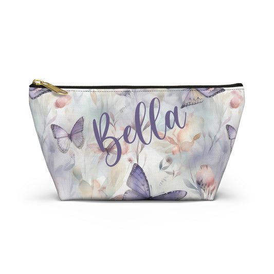 Personalized purple makeup bag with butterfly and floral print