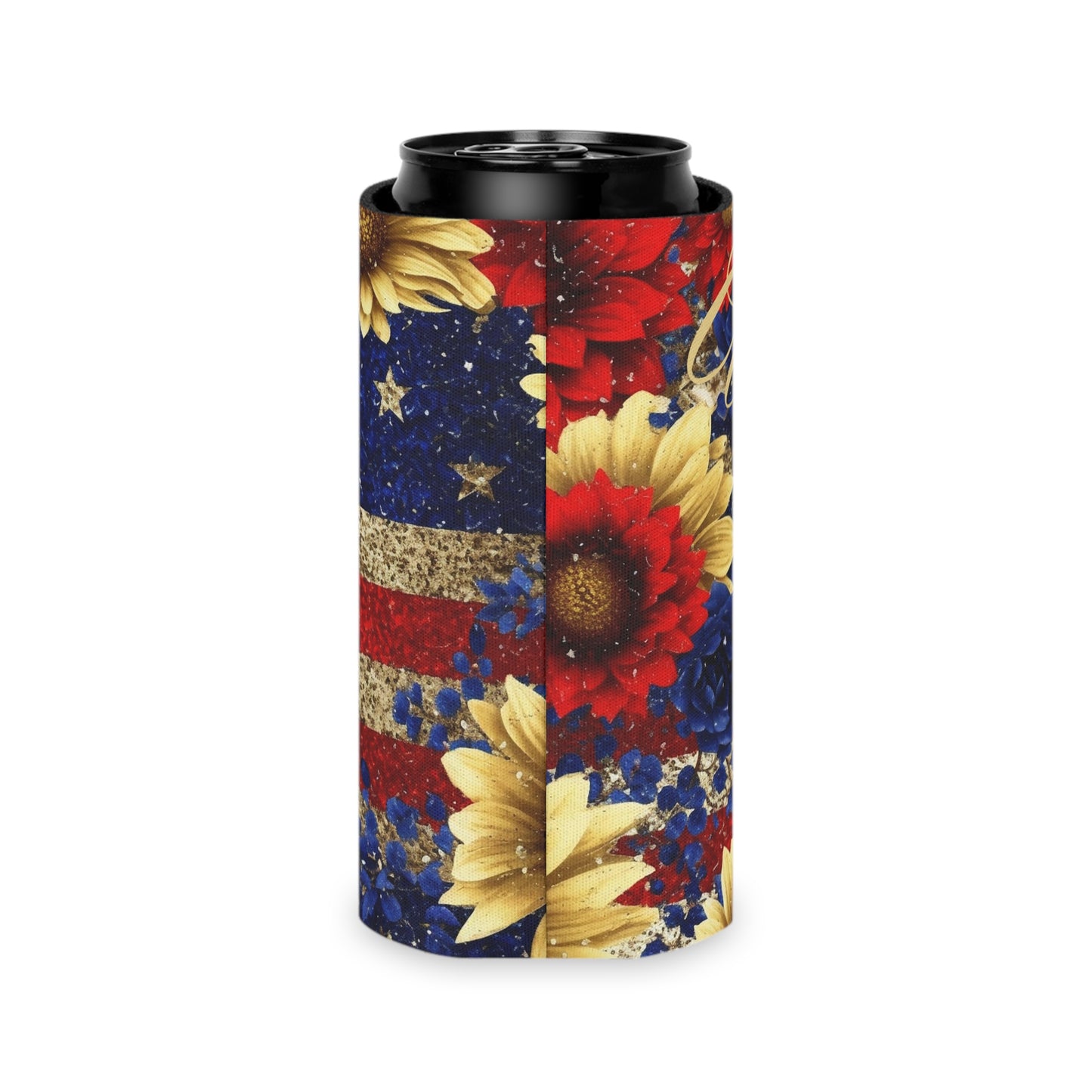 Personalized 4th of July Can Koozie / USA Patriotic Sunflower Can Cooler