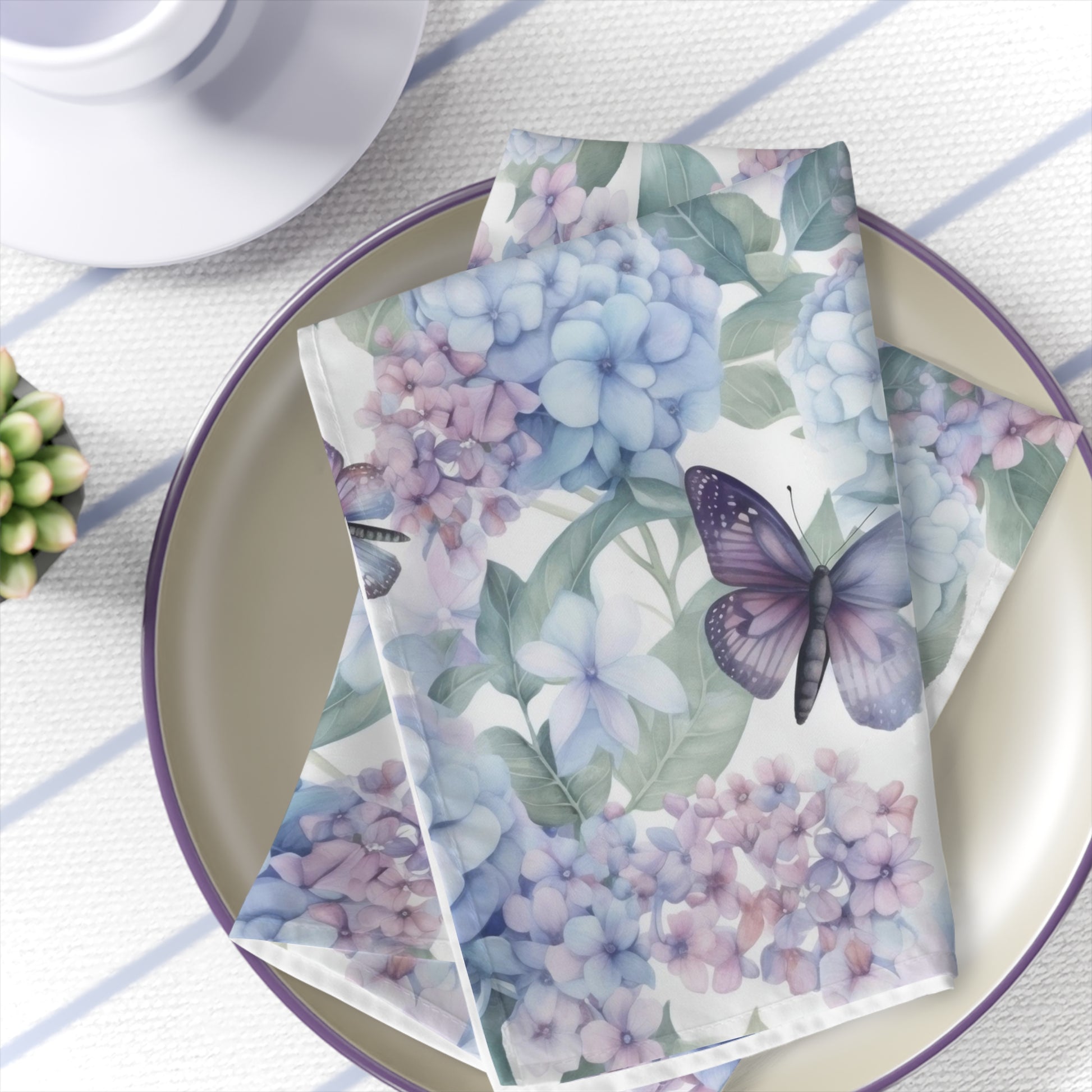 blue and purple hydrangea and butterfly cloth napkins in a set of 4