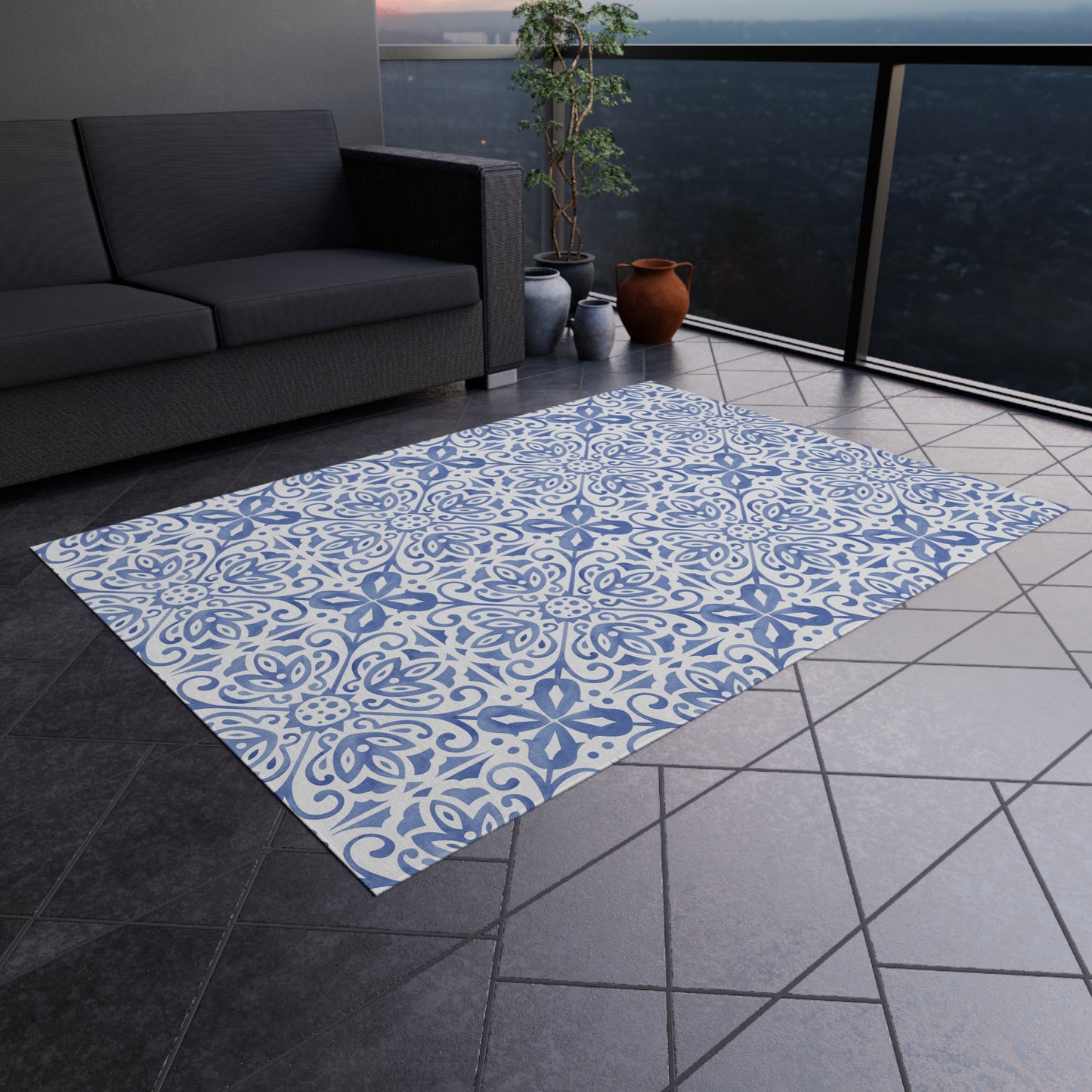 Blue Tile Print Indoor Outdoor Rug