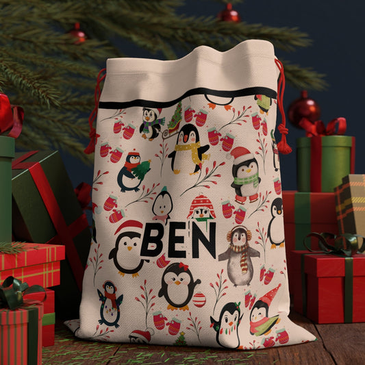 Christmas penguin santa sack personalized