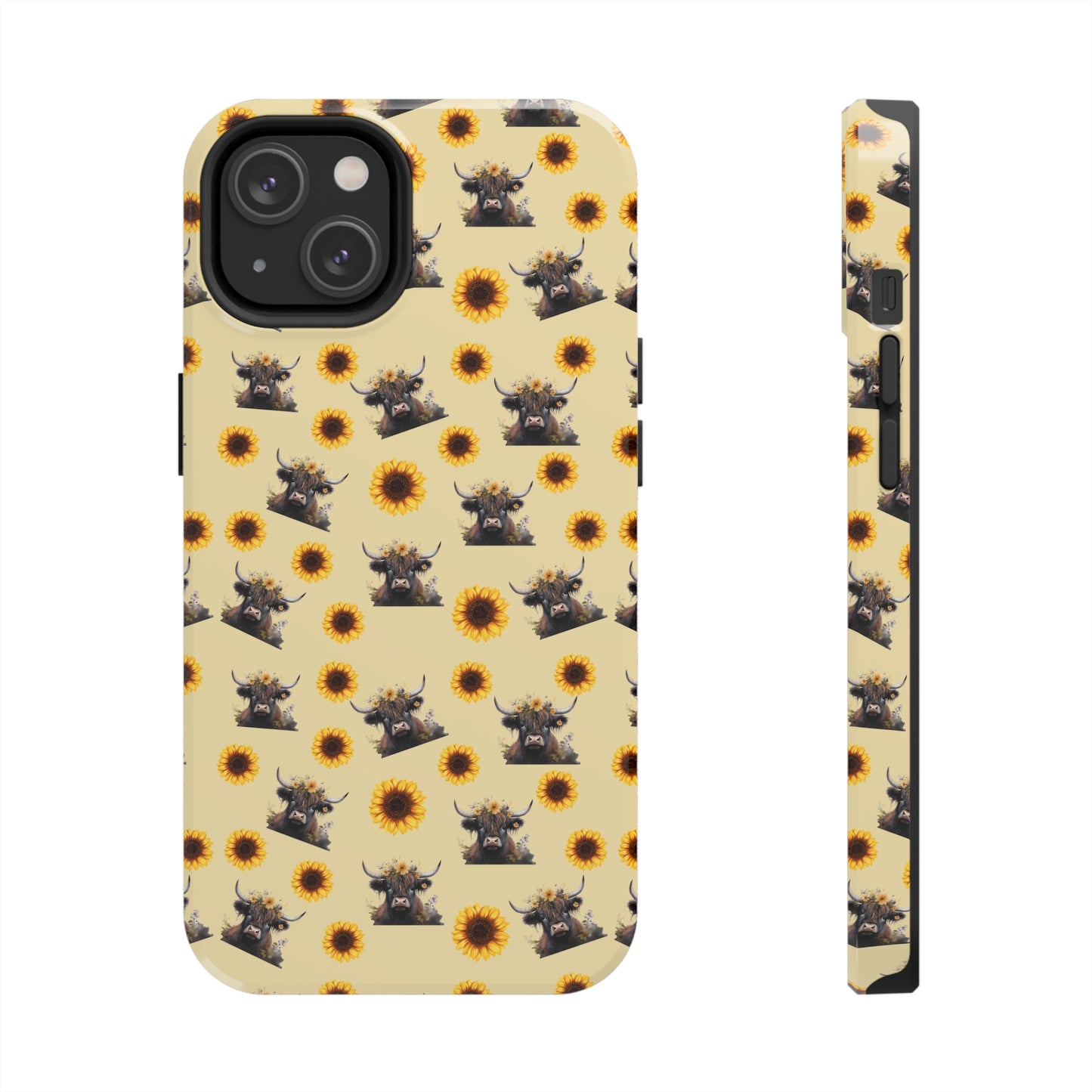 yellow iphone case with highland cow and sunflower print