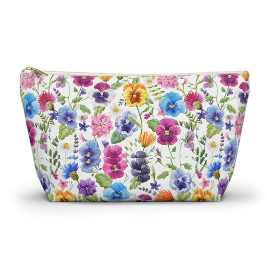 pansy floral makeup bag with yellow, blue, pink, purple and green floral print