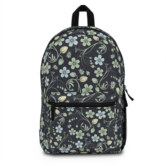 black backpack with blue, green and yellow flower print with ladybugs