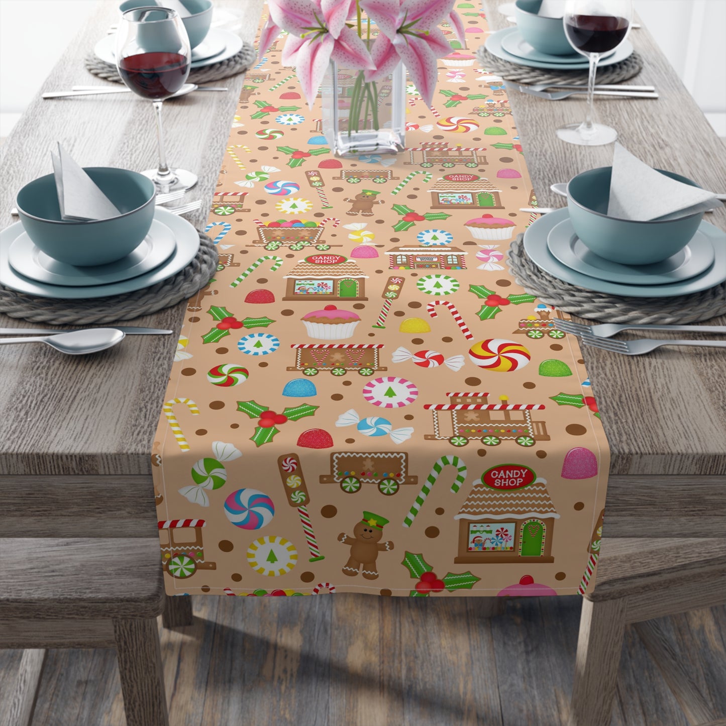 christmas table runner with cupcake, candy cane, gingerbread man and candy print