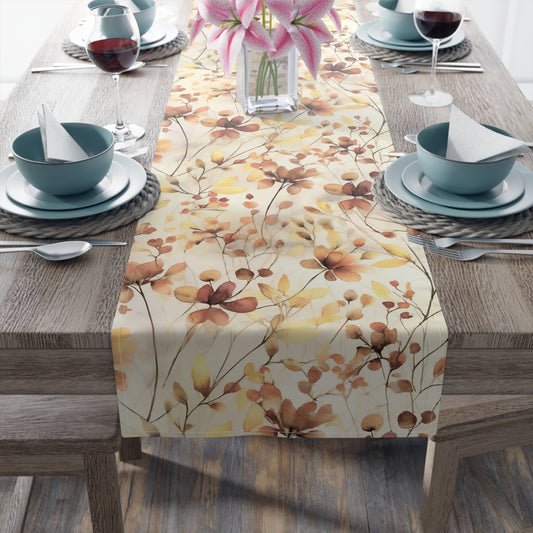 fall flower table runner with orange, yellow and red floral pattern