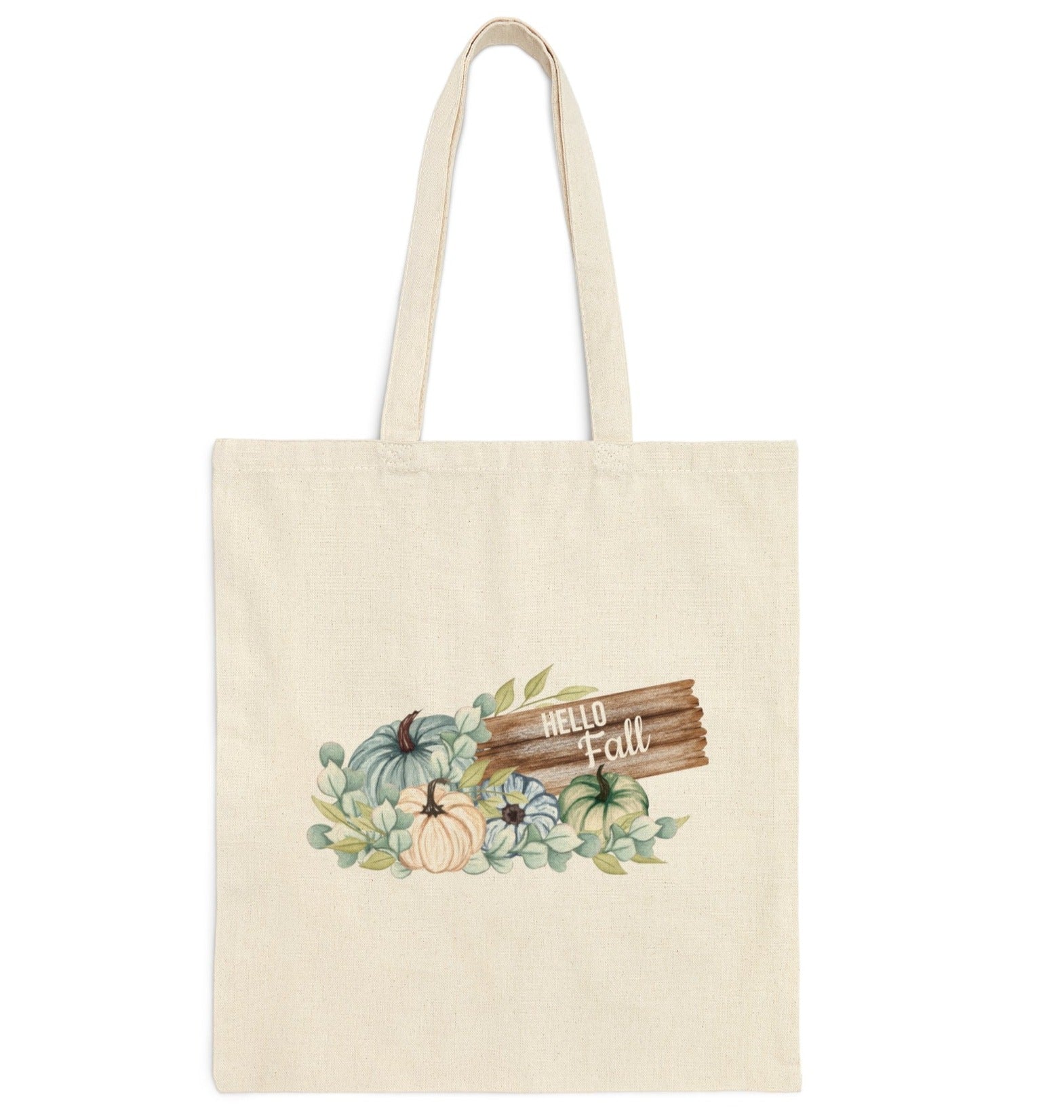 hello fall tote back with blue pumpkin and leaf print