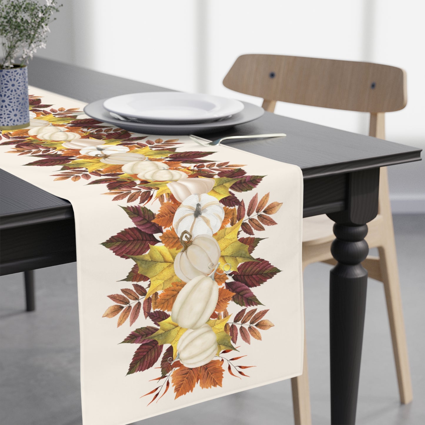 fall table runner with fall leaves and white pumpkins, perfect for thanksgiving or fall table decor