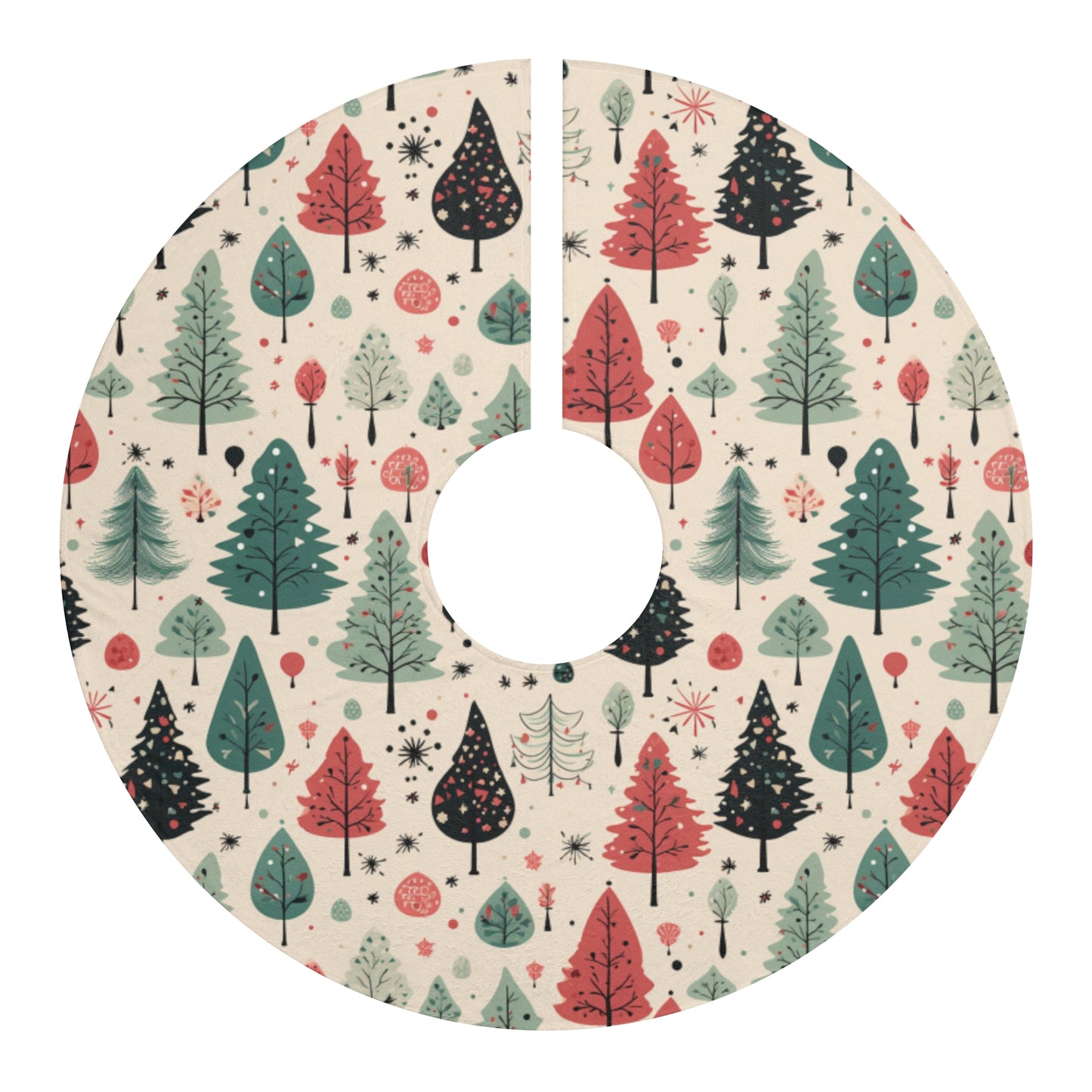 christmas tree skirt with christmas tree print in pink, black and green