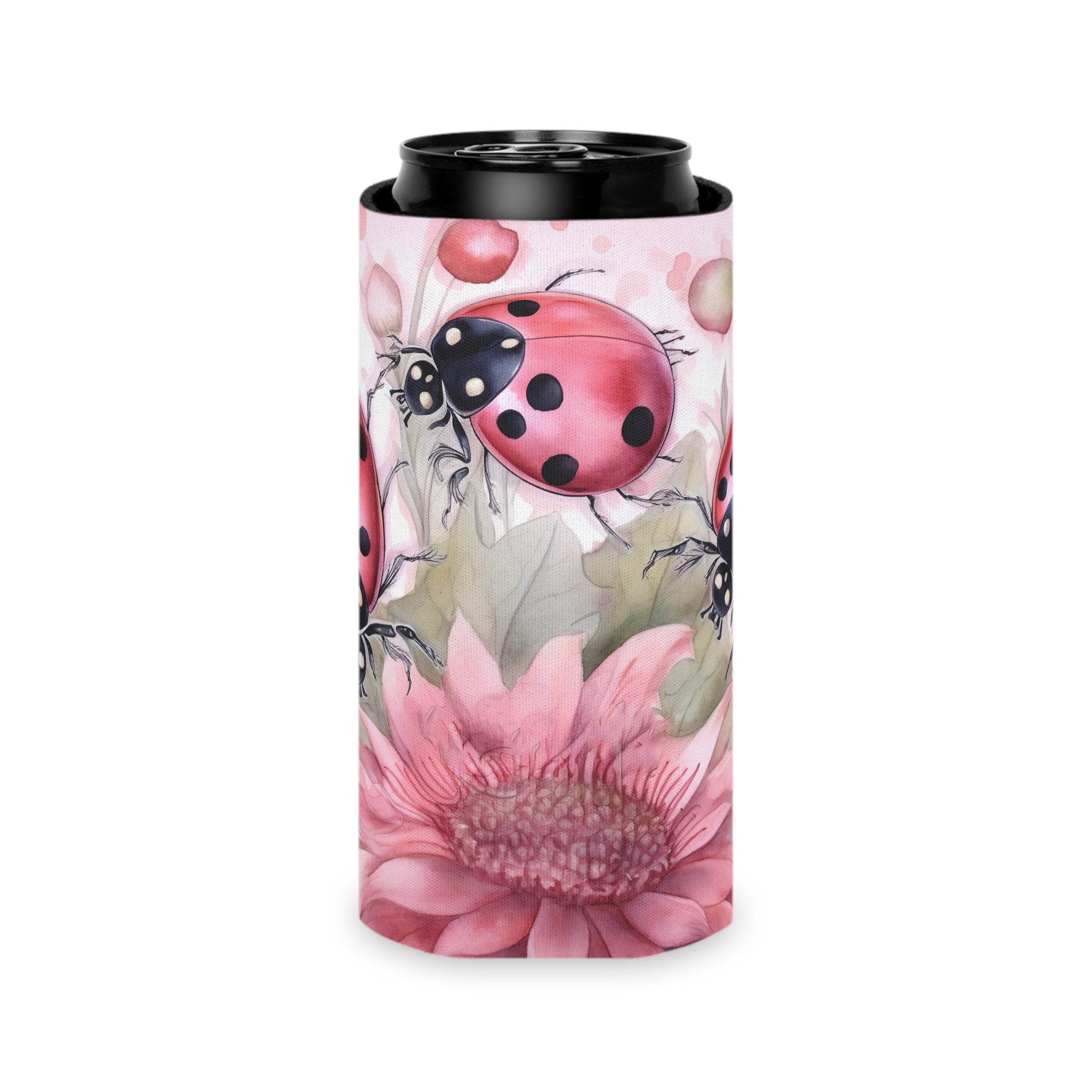 summer watercolor pink ladybug and floral can cooler or koozie