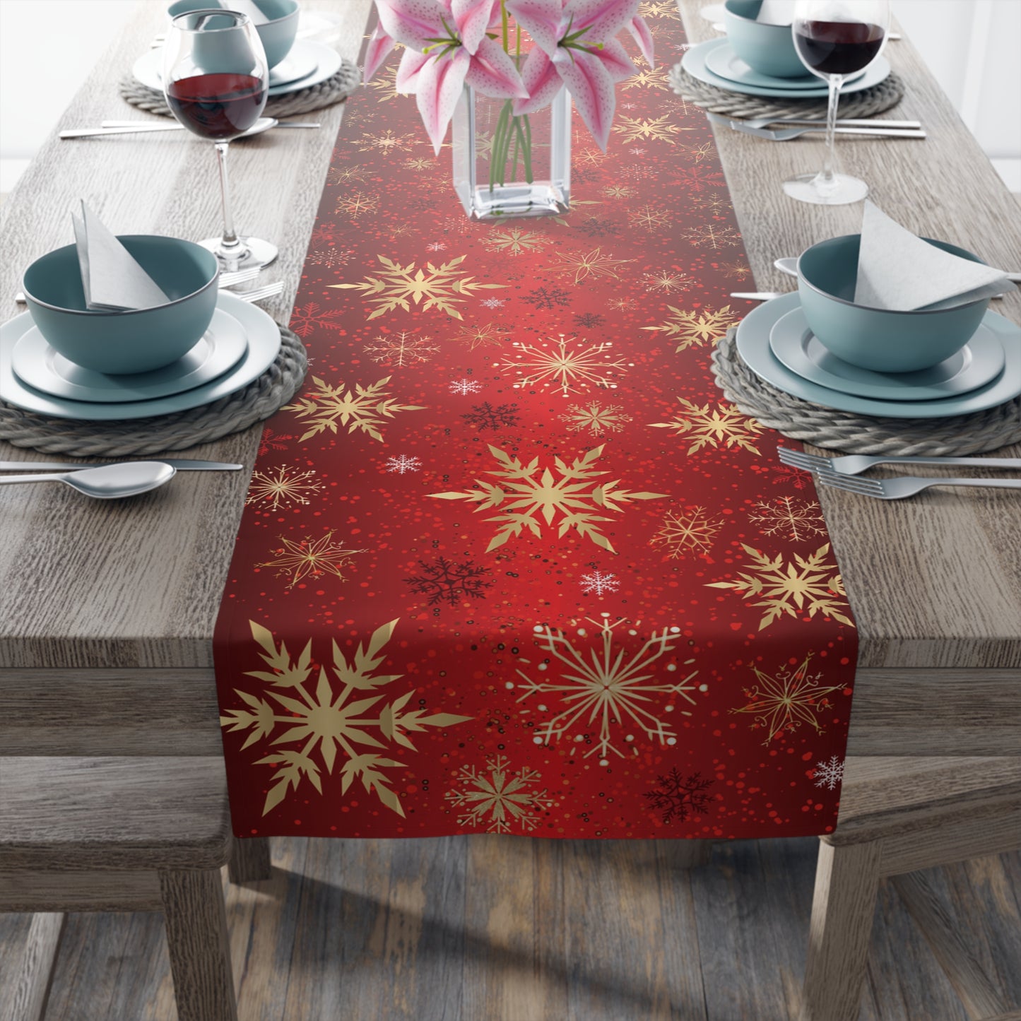 Red And Gold Christmas Snowflake Table Runner