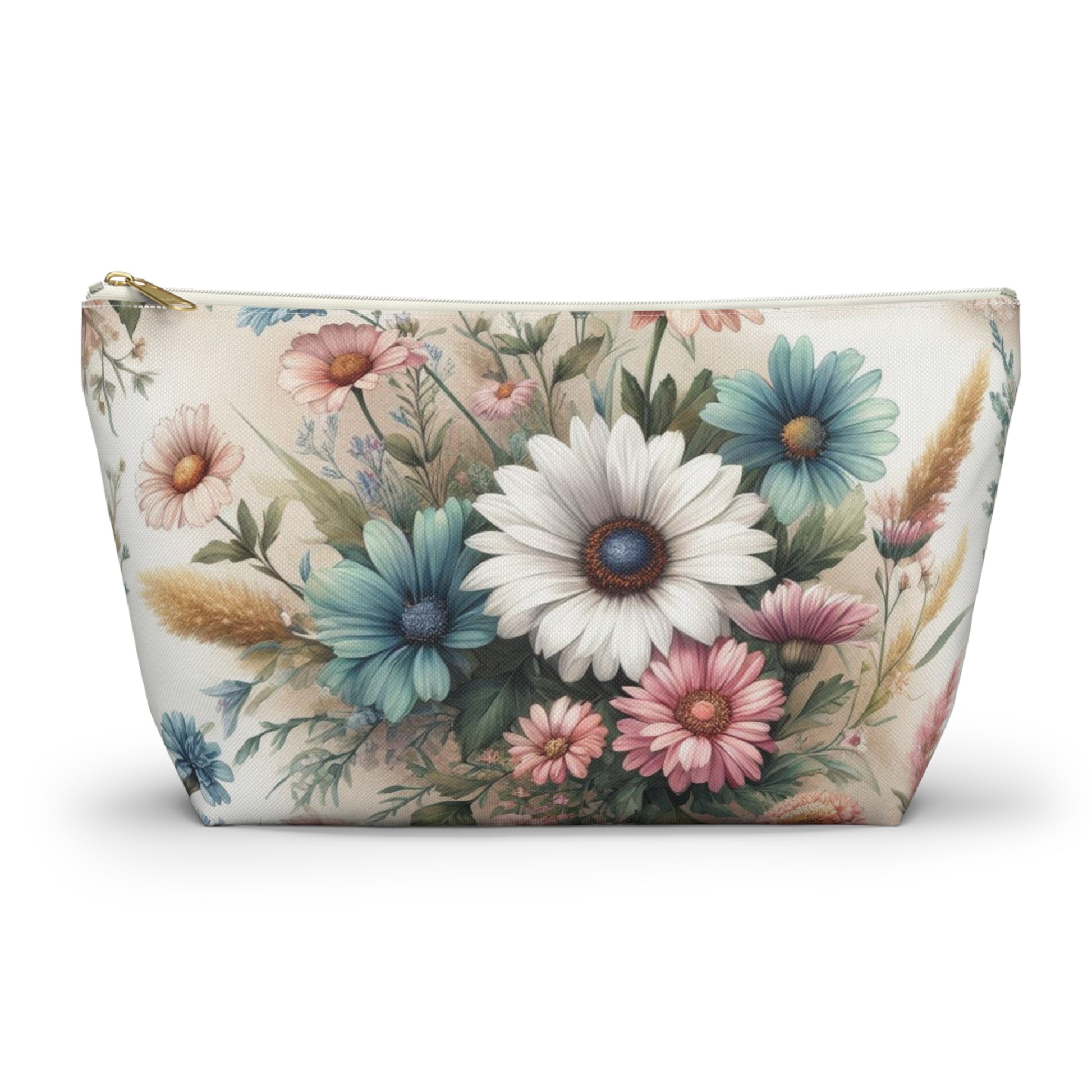 blue, pink and white daisy floral makeup bag perfect for a girl's birthday gift
