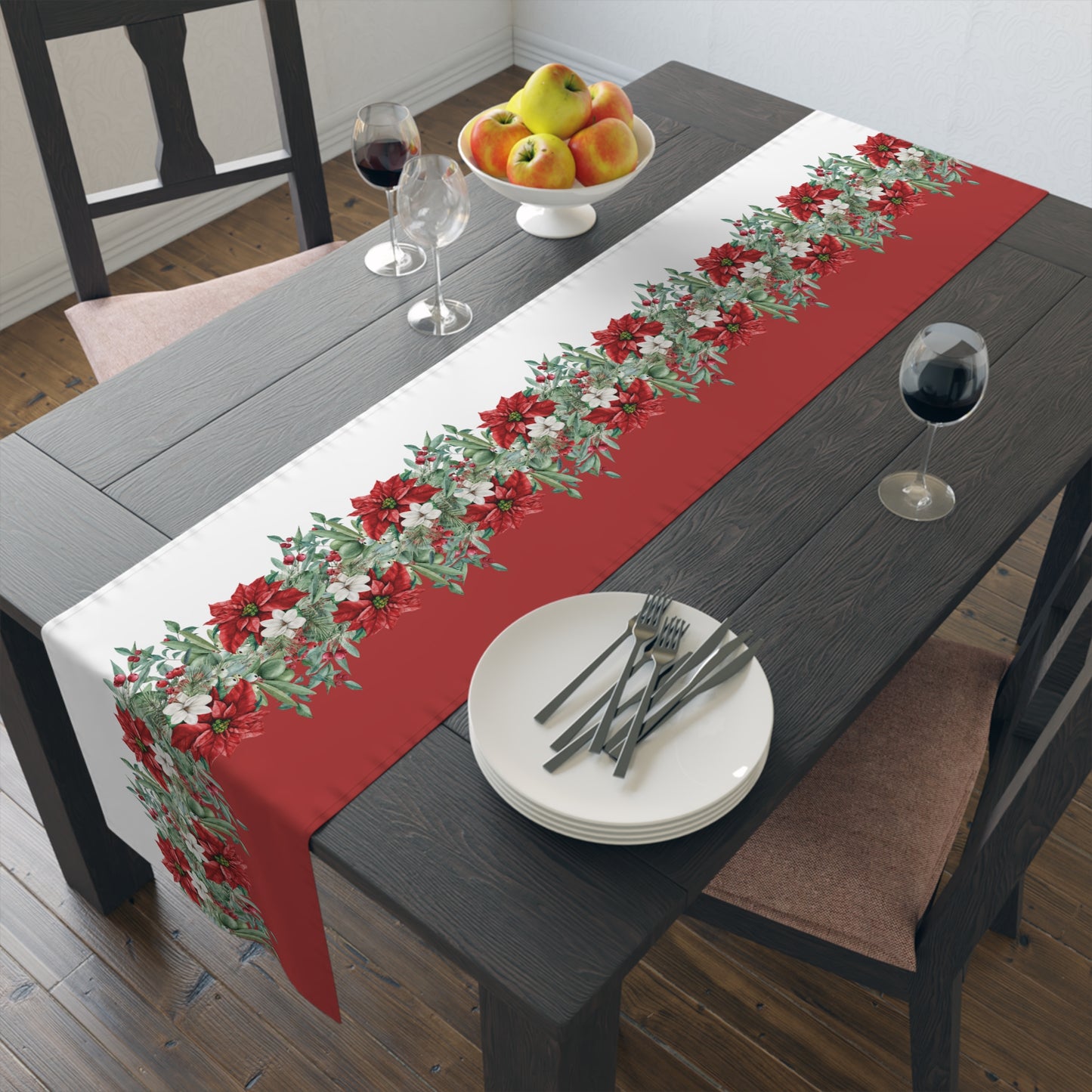red christmas table runner with poinsettia and christmas berry print