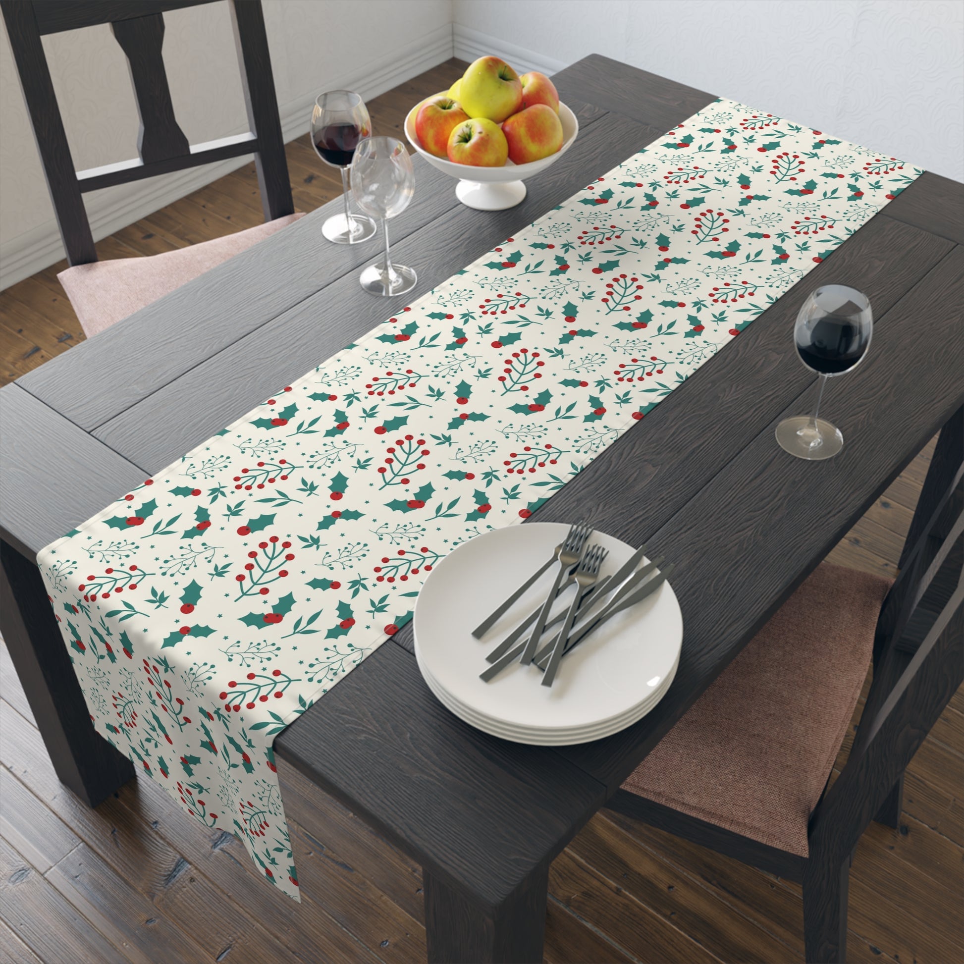 red and green christmas berry table runner