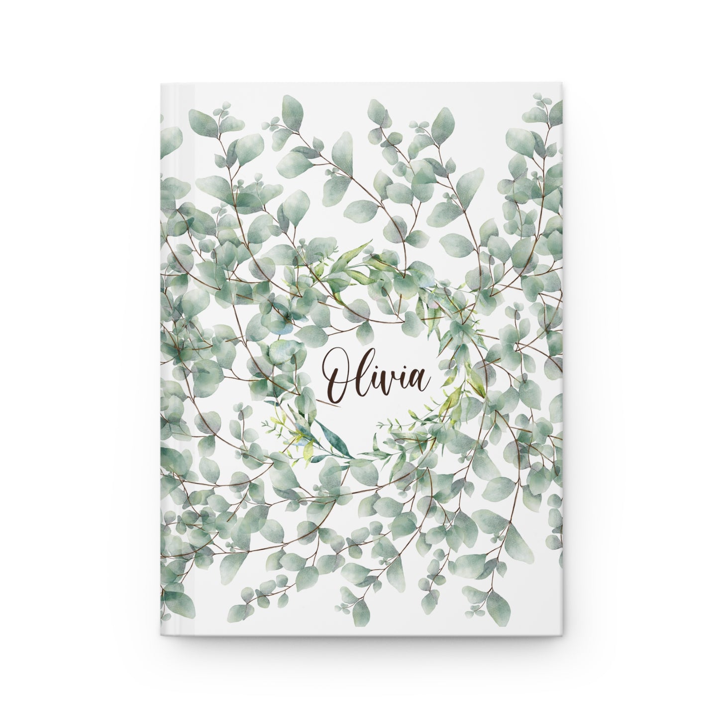 personalized hard cover journal with eucalyptus print. perfect for bridesmaid or wedding gift.