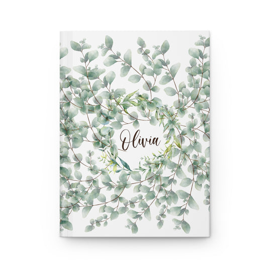 personalized hard cover journal with eucalyptus print. perfect for bridesmaid or wedding gift.