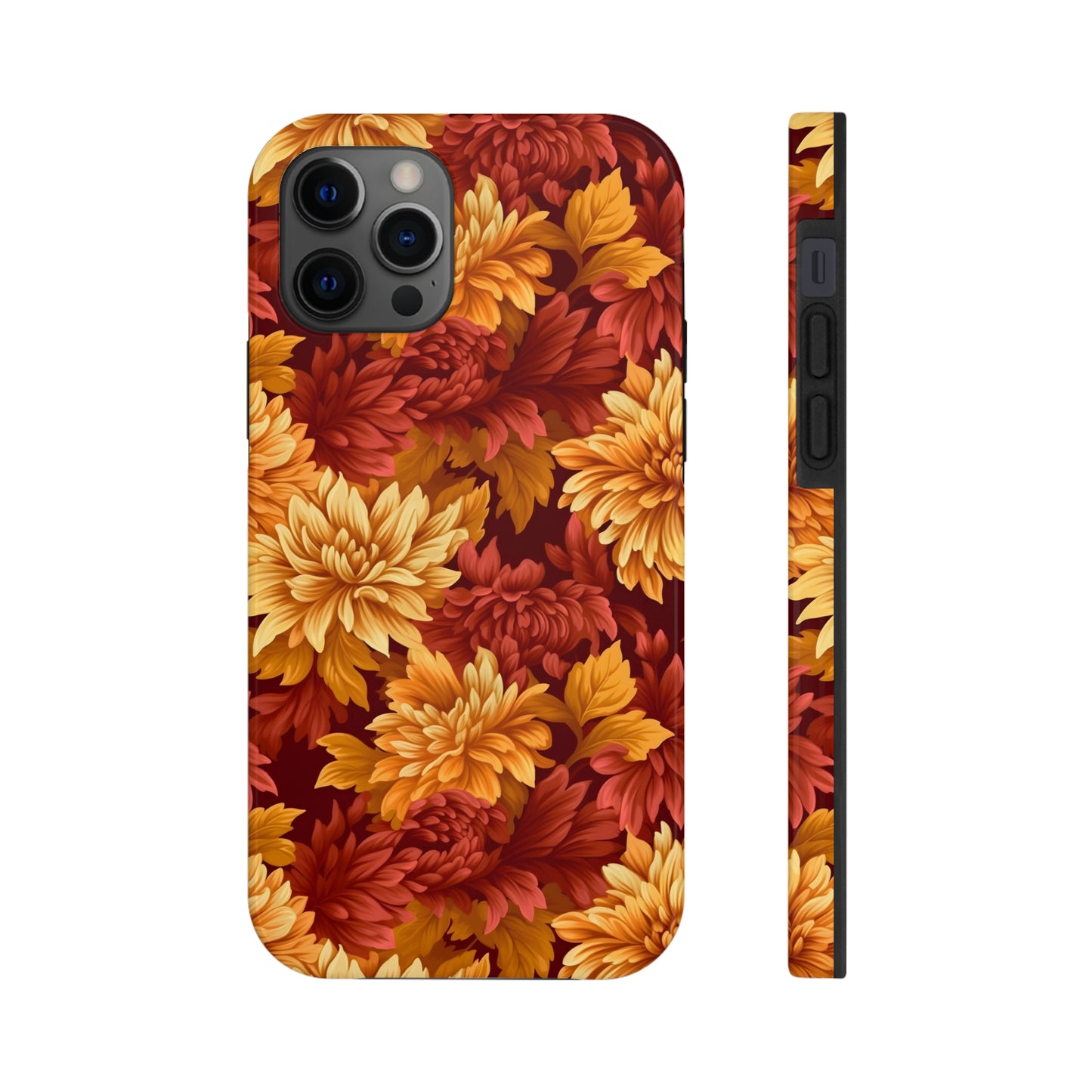 fall dahlia iphone case in red, yellow and brown dahlia print