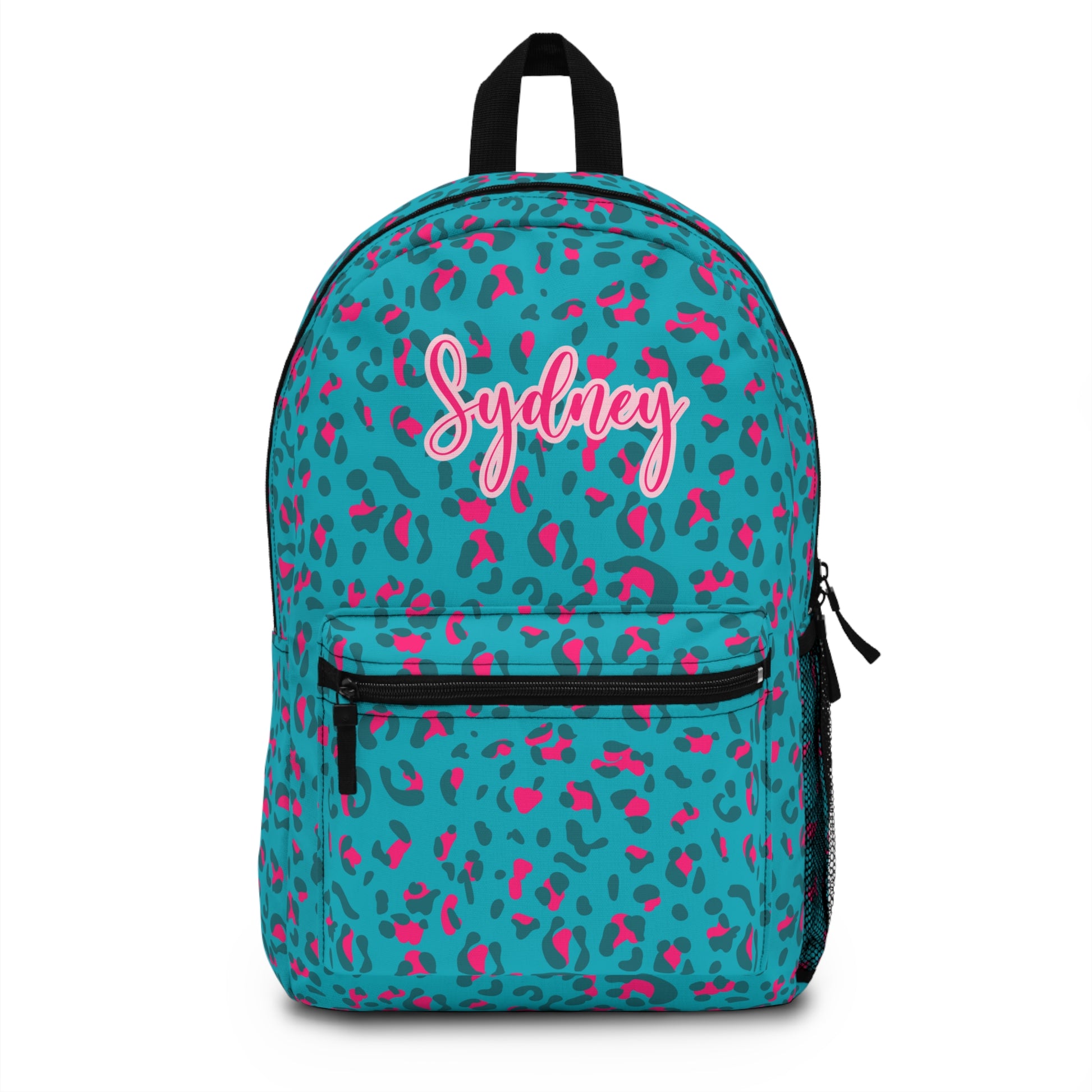 blue and hot pink leopard print backpack personalized with girls name for back to school