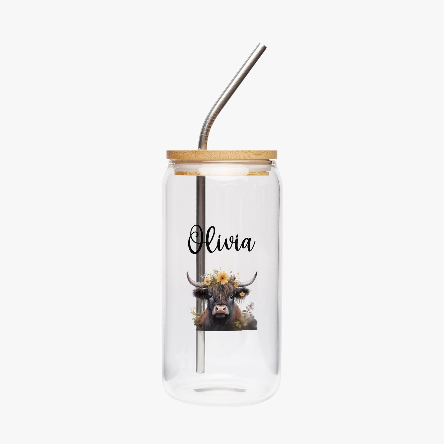 personalized highland cow and yellow flower glass cup with straw and bamboo lid