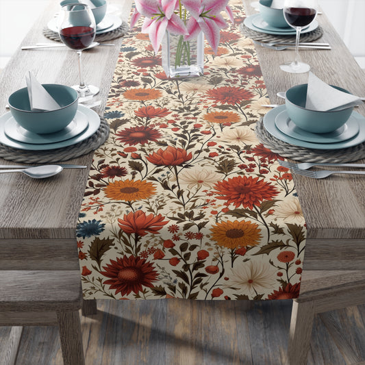 fall floral table runner with orange, red and yellow flower print for autumn decor