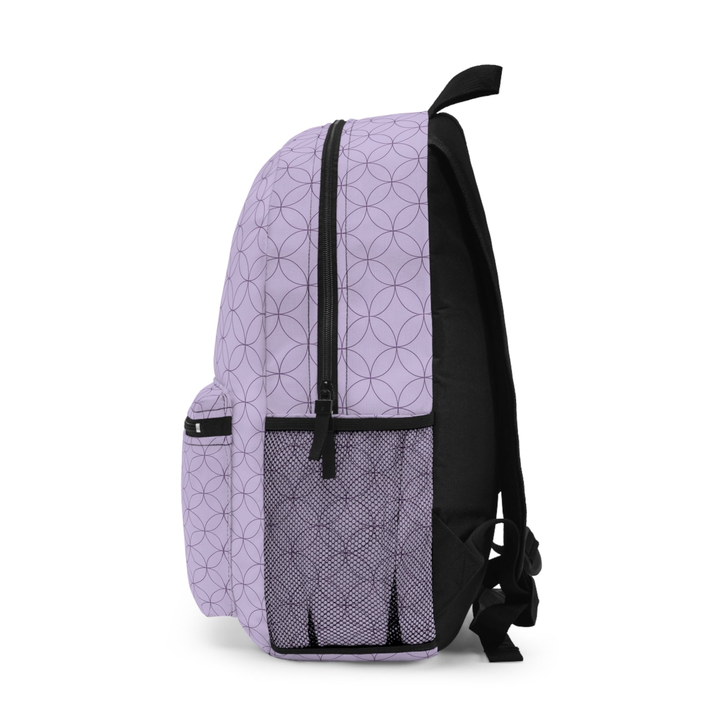 view of water bottle holder on side of the girls purple geometric backpack