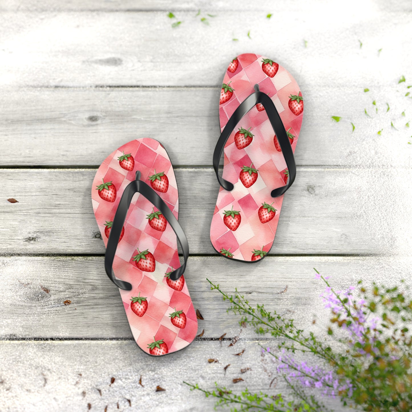 Pink Flip Flops / Watercolor Strawberry Print