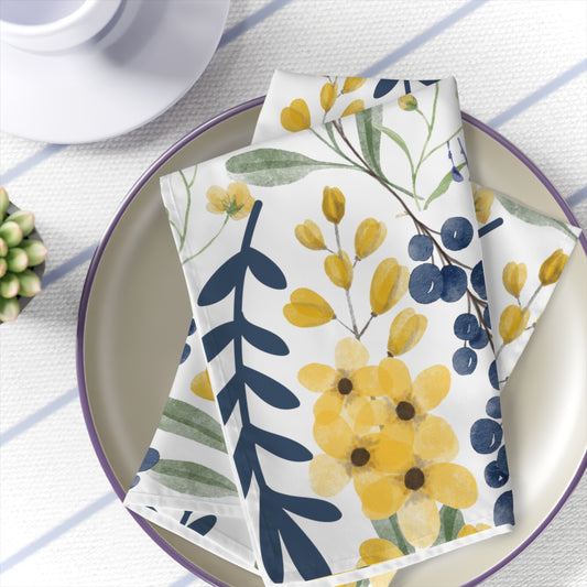 navy blue and yellow floral cloth napkins for summer table decor