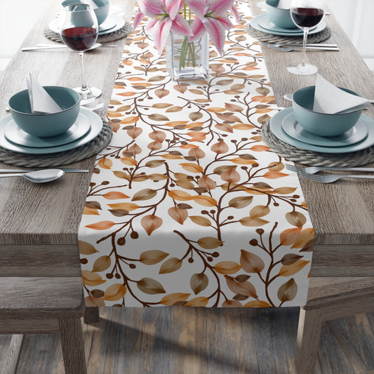 fall table runner with brown and orange leaves print for thanksgiving decor