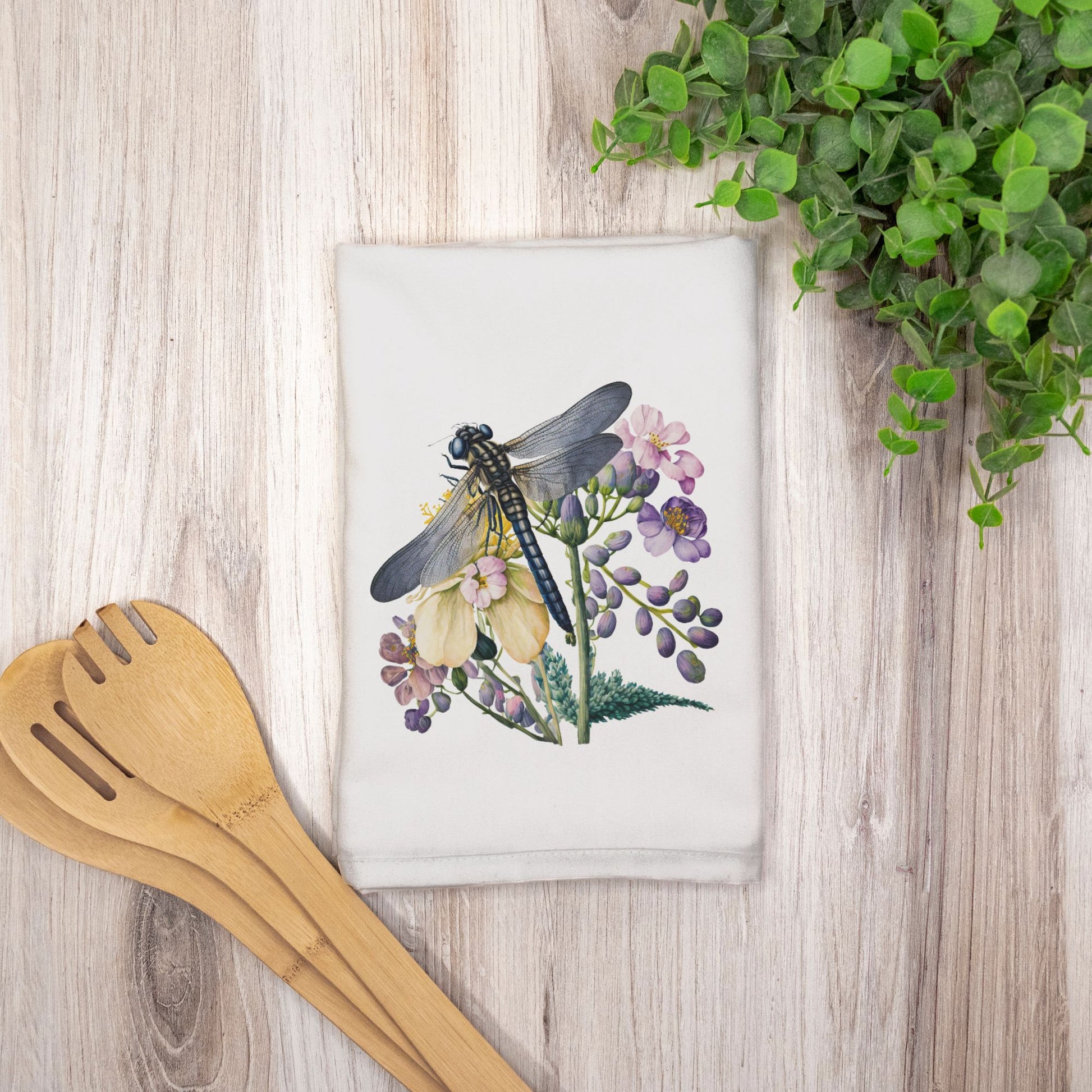 dragonfly kitchen tea towel with flowers