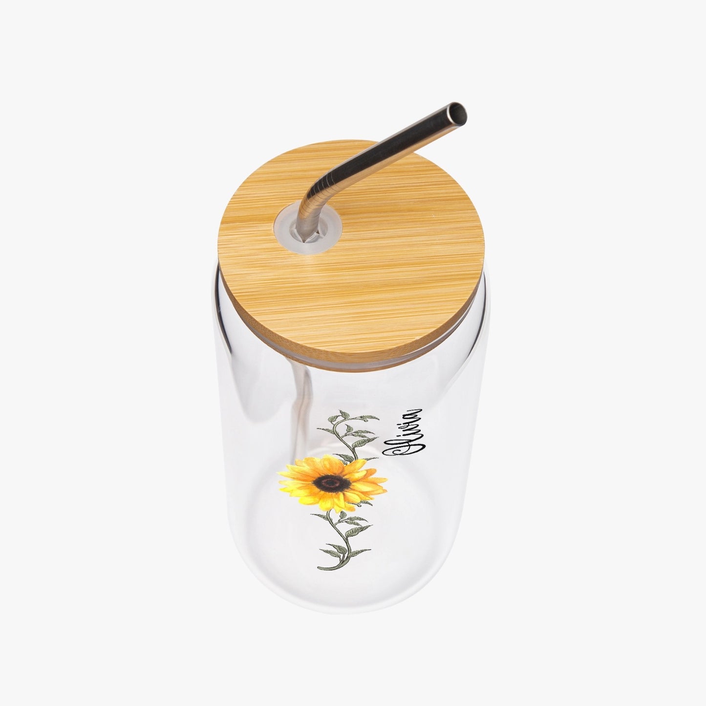 Sunflower Cup / Personalized Glass With Bamboo Lid And Straw